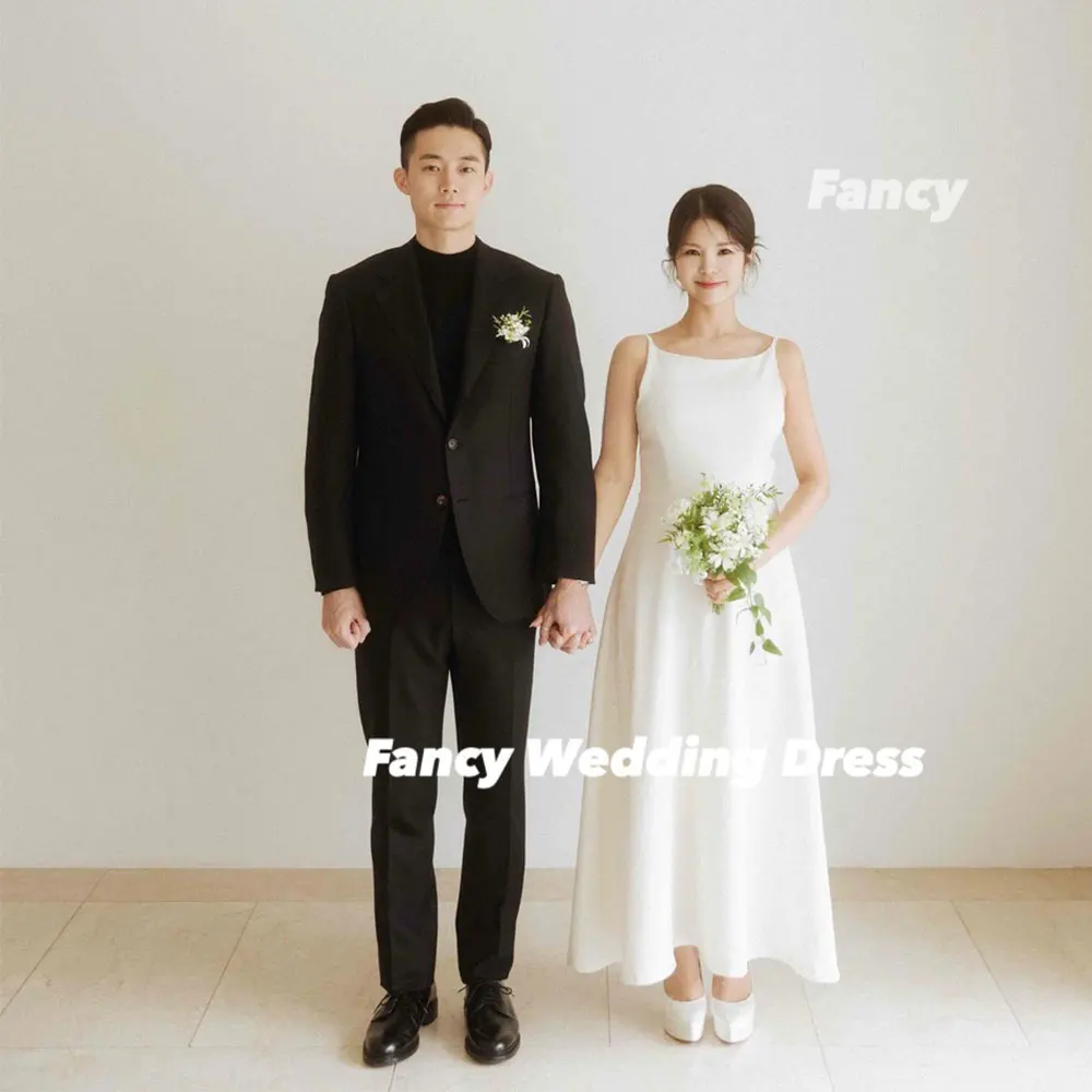 Fancy Simple O Neck Korea Wedding Dress A Line Elastic Satin Bridal Gown Tea Length Back Corset Customized