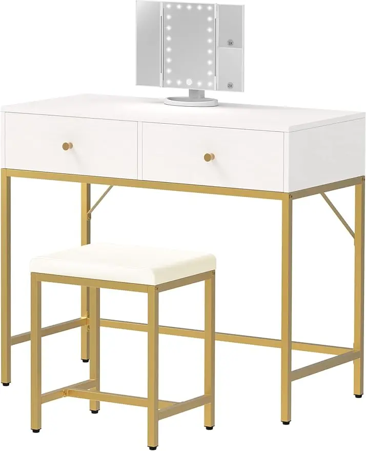 

Makeup Vanity Desk with Lighted Mirror, White Desk with Drawers, 35.4in Makeup Vanity Desk with Lights for Bedroom, White