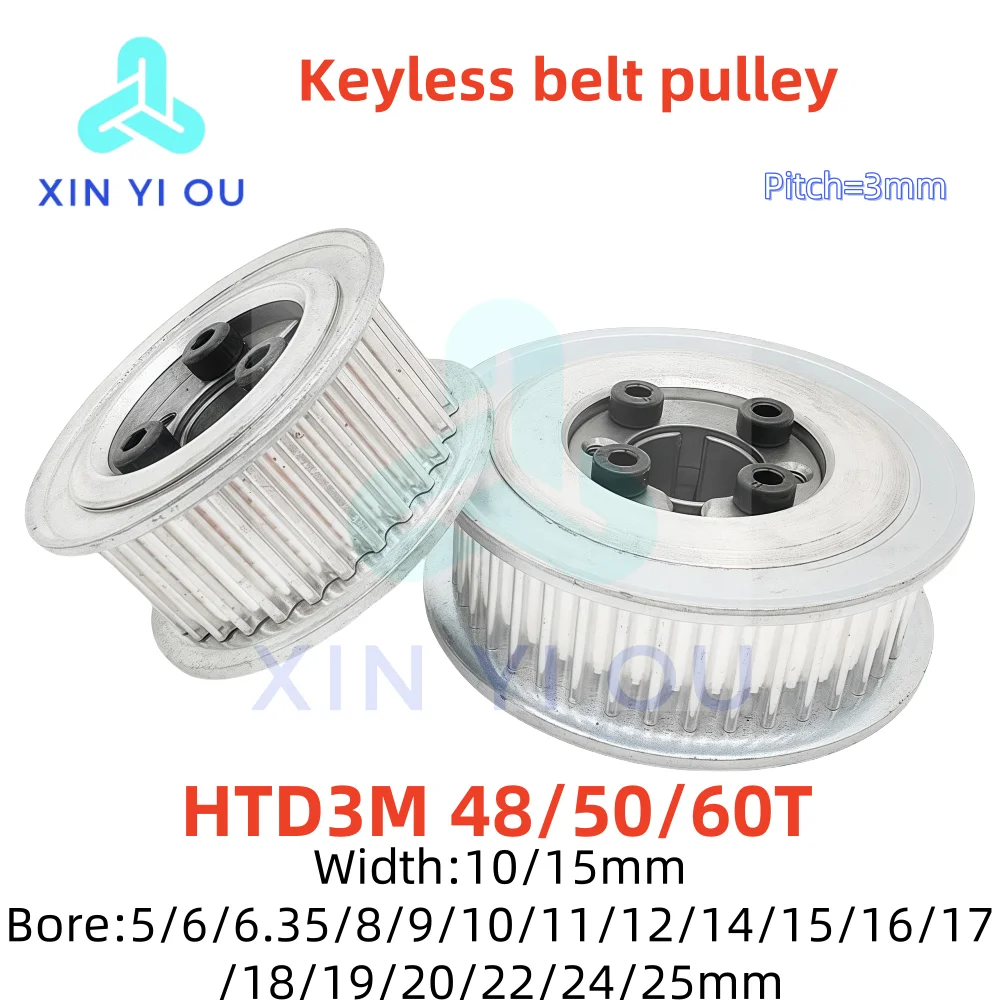 

HTD3M 48/50/60T Keyless Bushing Timing Pulley Bore5/6/6.35/8/9/10/11/12/14/15/16/17/18/19/20/22/24/25mm width10/15mm