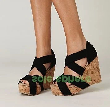 

Lady Wooden Wedges Heel Sandals Peep Toe Strap Black Suede Cover Heel Pumps Cut-Out Summer Platform High Heels Gladiator Style