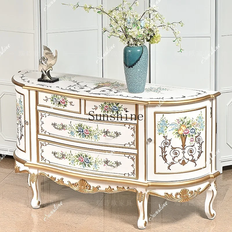 European retro semi-round entrance entrance solid wood storage painted white living room carved decorative storage cabinet  FT