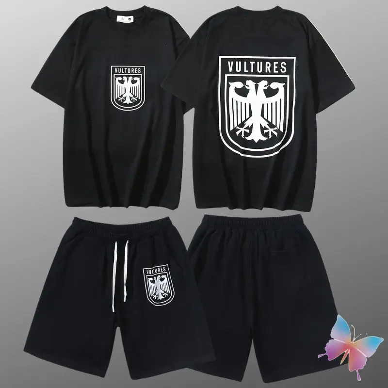 

High Quality Cotton VULTURES Tshirts Set Double Headed Eagle Short Sleeve Tops Summer Street Loose Shorts Men Women Clothes