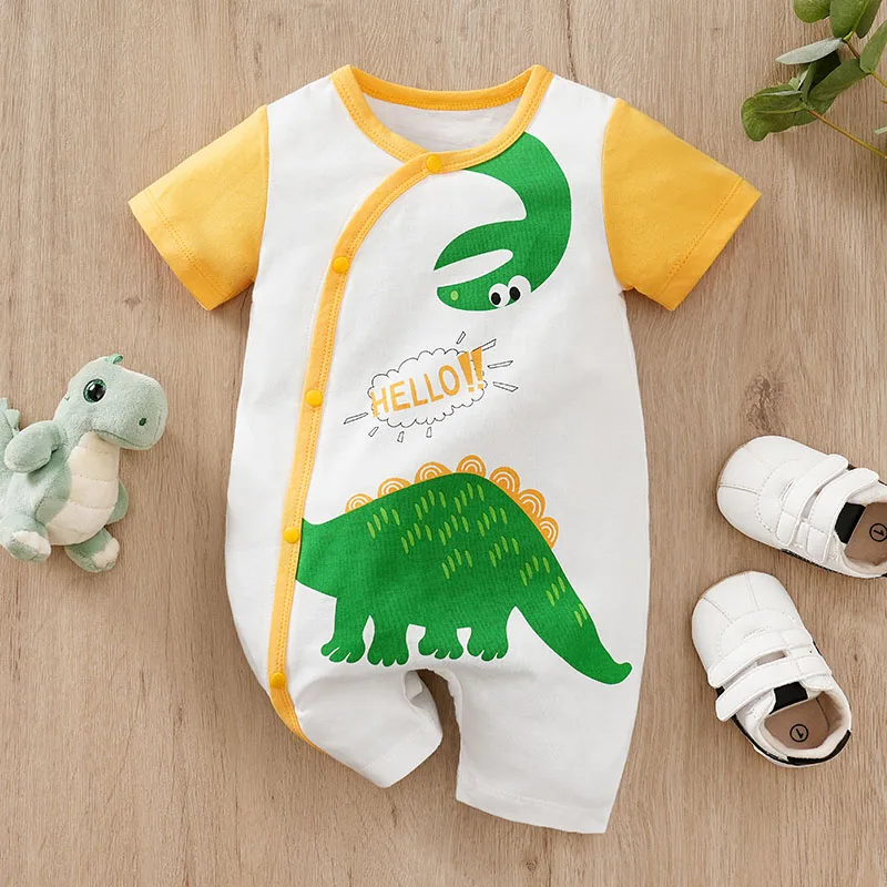 Newborn Cute Cartoon Dinosaur Summer Coconut Tree Cotton Short Sleeved Boys And Girls Jumpsuit Jumpsuit Baby Clothes