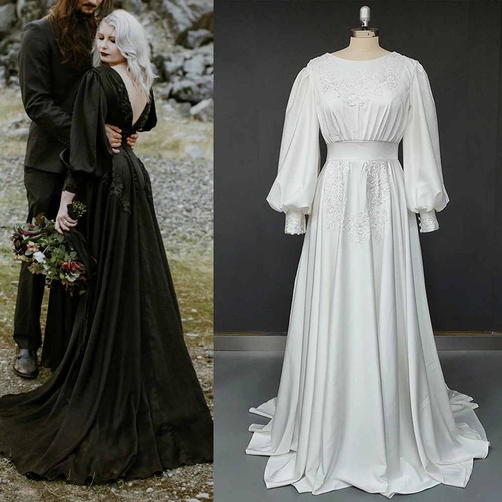 Abito da sposa in raso musulmano con maniche lunghe vescovo una linea di Appliques girocollo nero lucido arabo bottoni senza schienale abiti da sposa