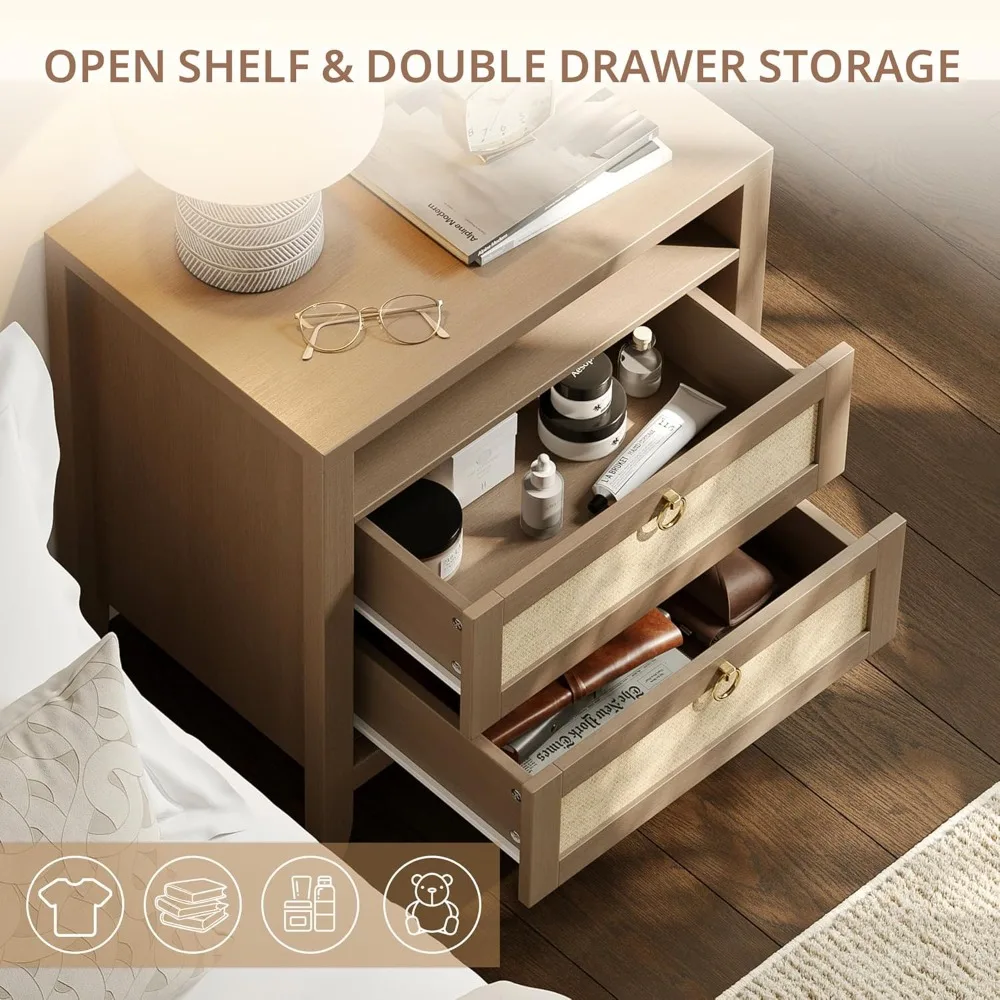 منضدة محطة شحن مقاس 23.6 بوصة مع درجين ورف تخزين، طراز الروطان البوهيمي لمساحات غرف النوم الصغيرة #3