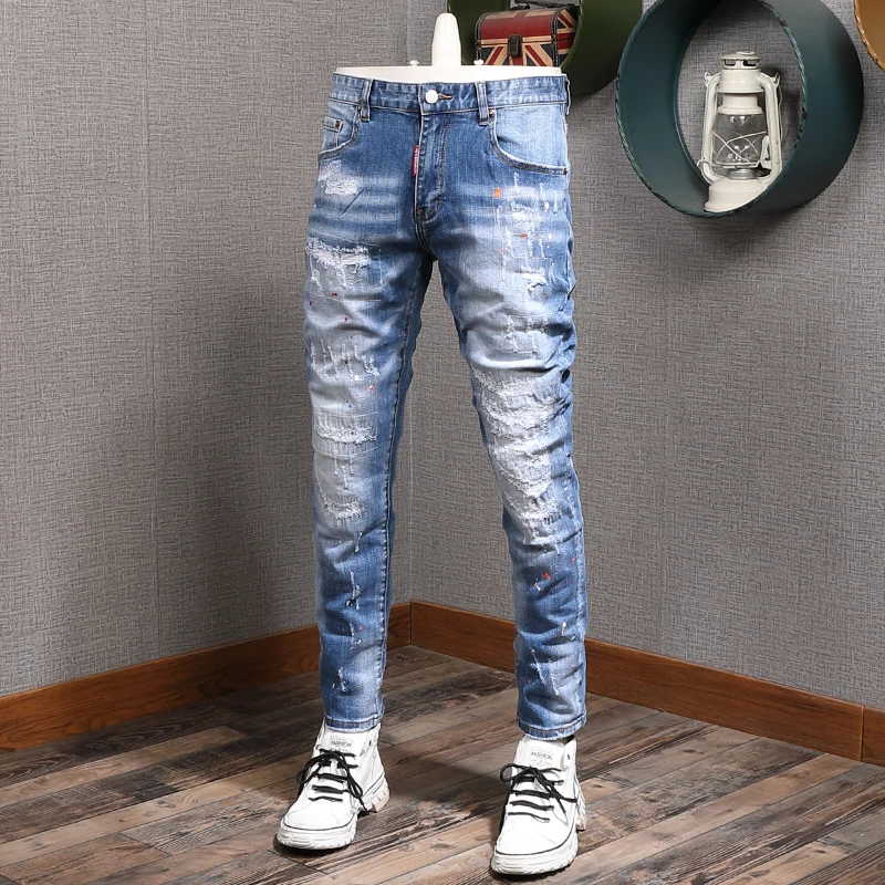 Street Fashion Men Jeans Retro Light Blue Stretch Slim Fit Ripped Jeans Men Patched Vintage Designer Elastic Denim Pants Hombre