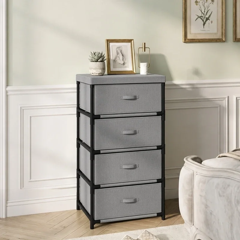Comò moderno con struttura in acciaio, 4 cassetti, finitura grigio/nera, dimensioni 42x32x80 cm, mobile contenitore sottile per camera da letto, soggiorno, corridoio.