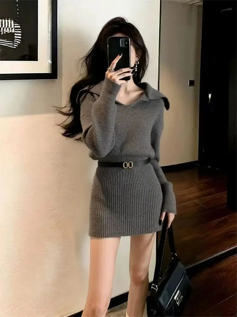 

Retro American Knitted Slimming Dr Women's Faionable Waist-Cinching Long Sve ort Length Warm Casual Sle Dr