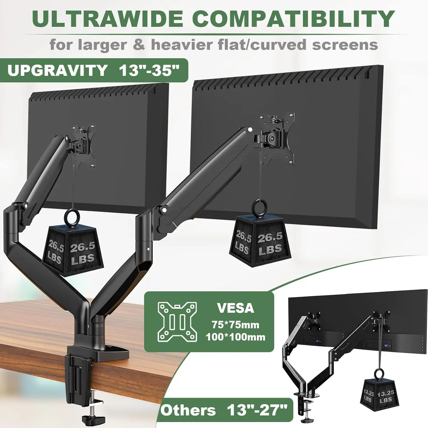 

Dual Monitor Mount, Dual Monitor Desk Mount for Two Ultrawide 22"-34" Flat/Curved Computer Screens, Fully Adjustable