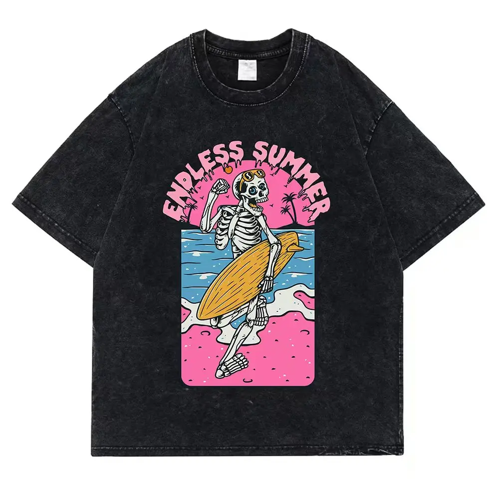 Funny Skeleton Surfing Print High Quality Soft Washed Black Tshirts Streetwear Women Clothes Short Sleeve Hip Hop Gothic Y2k Tee