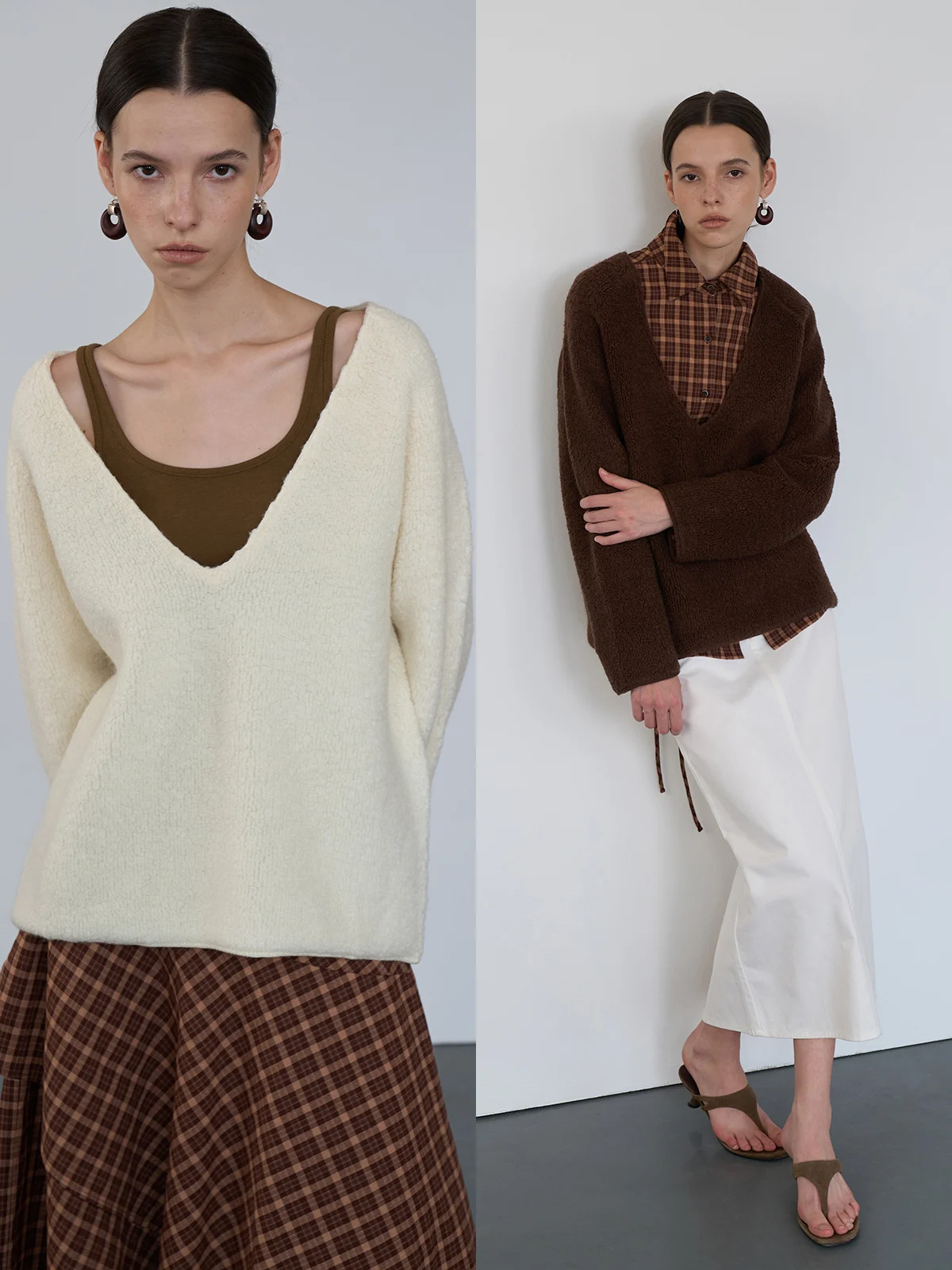 

SOFOON 00% Wool Textured V-Ne Knitwear Loose Fit Long Sve Women's Sweater Comfortable Warm Pure Color Winter Top