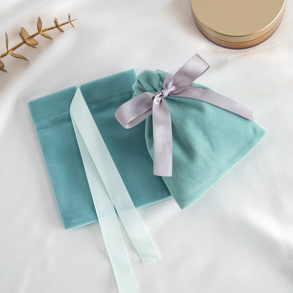 10pcs Green Jewelry Velvet Bag Ribbon Bowknot Pouches Gift Display Packing Storage Wedding Favors Travel Candy Drawstring Pocket