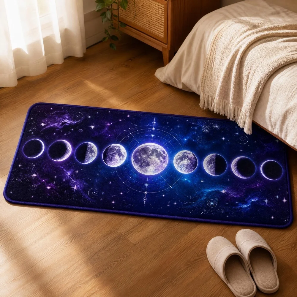 Moon Phase Galaxy Starry Sky Print Flannel Runner Rug, Celestial Astrology Style Non-Slip Floor Mat,Bedside Bedroom Decor Carpet