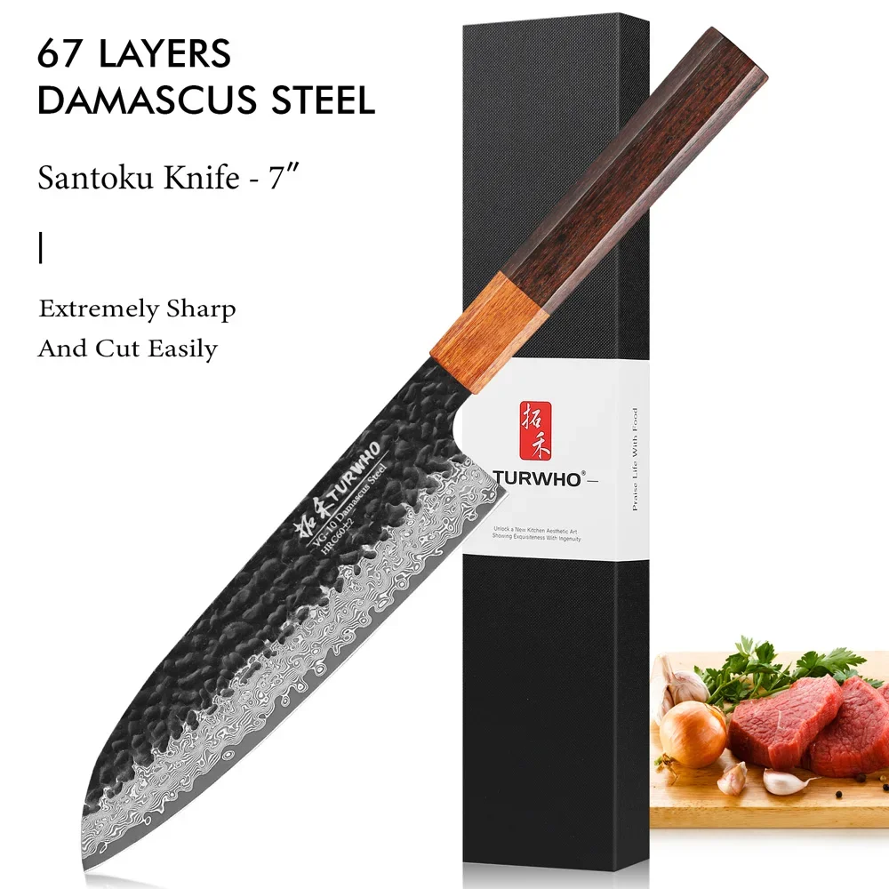 

TURWHO 7-inch Japanese Santoku Knife Damascus Steel Hand Forged Meat Cleaver Kitchen Knife Handmade Professional Cooking Tools