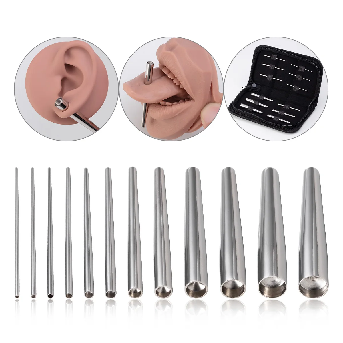 12PCS 1.2-9mm Surgical Steel Concave Taper Expander Stretching Kit Concave Ear Taper Professional Insertion Pin Piercing Jewelry