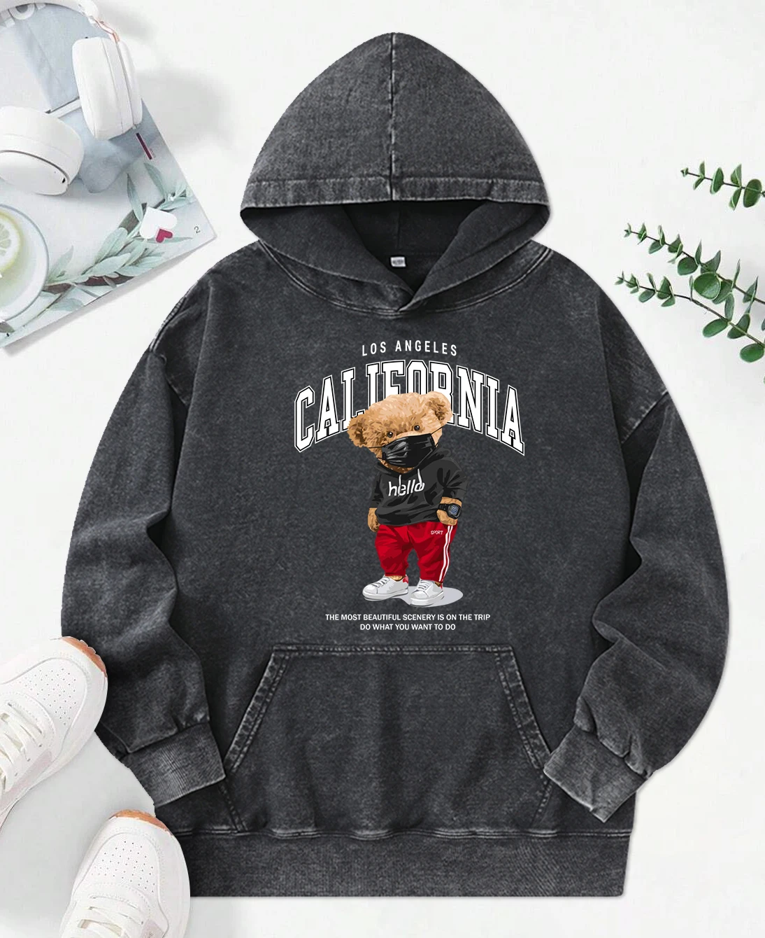 California Mask Cool Bear Printing Washed Hoodie Hip Hop Fashion Hoody All-Match Loose Pullover Y2K Oversized Cotton Clothing