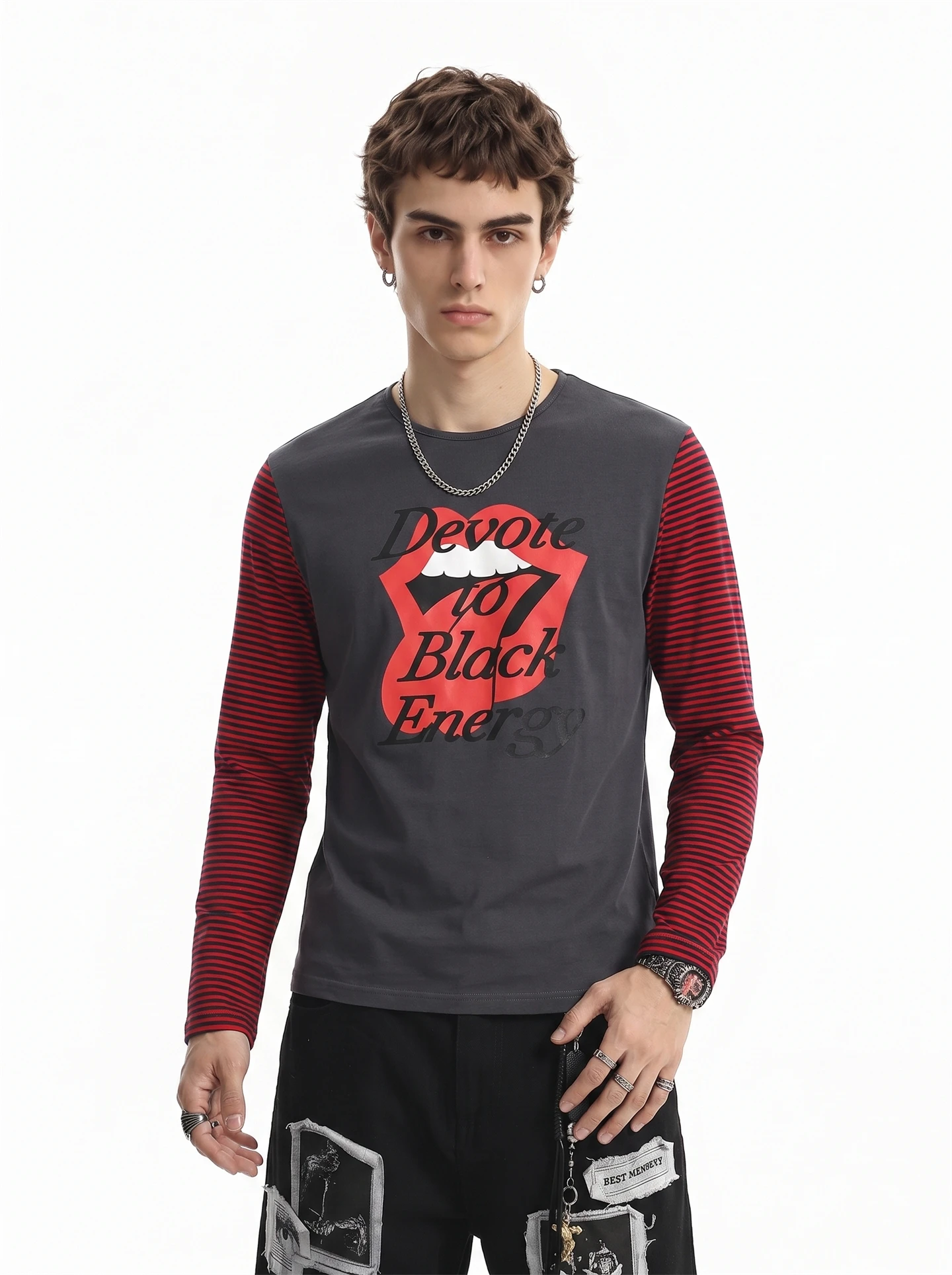 BETEBULE American High Street Printed Stripe Color Block Long Sleeve Men's T-shirt Autumn Street Light Boxy Top