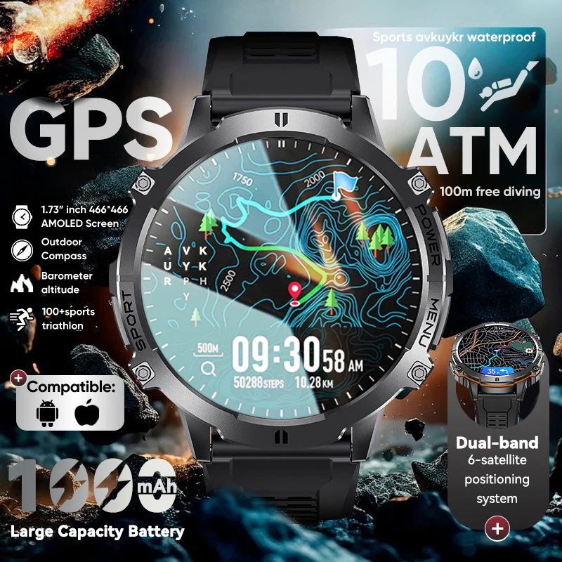 

2025 New Dual-band GPS 1.7"Smart Watch Men 1000mAh Large Capacity Battery Compass Altimeter 10ATM Waterproof Military Smartwatch