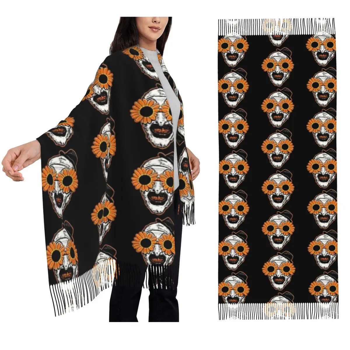 

Солнцезащитные очки с подсолнухом, клоун, фильм, искусство, ужас, шарф, шарфы с кисточками, женские шали и накидки, большая осенне-зимняя шаль, накидка