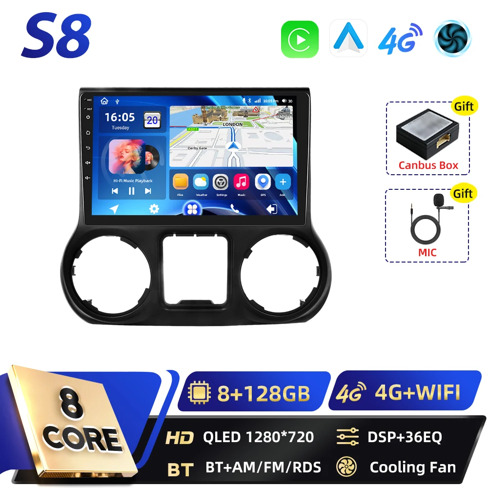 Podofo Qualcomm 8-core 2-DIN Android autoradio voor Jeep Wrangler 2011-2014 met DSP, Android Auto, BT, GPS, FM, WIFI, RDS en Carplay.