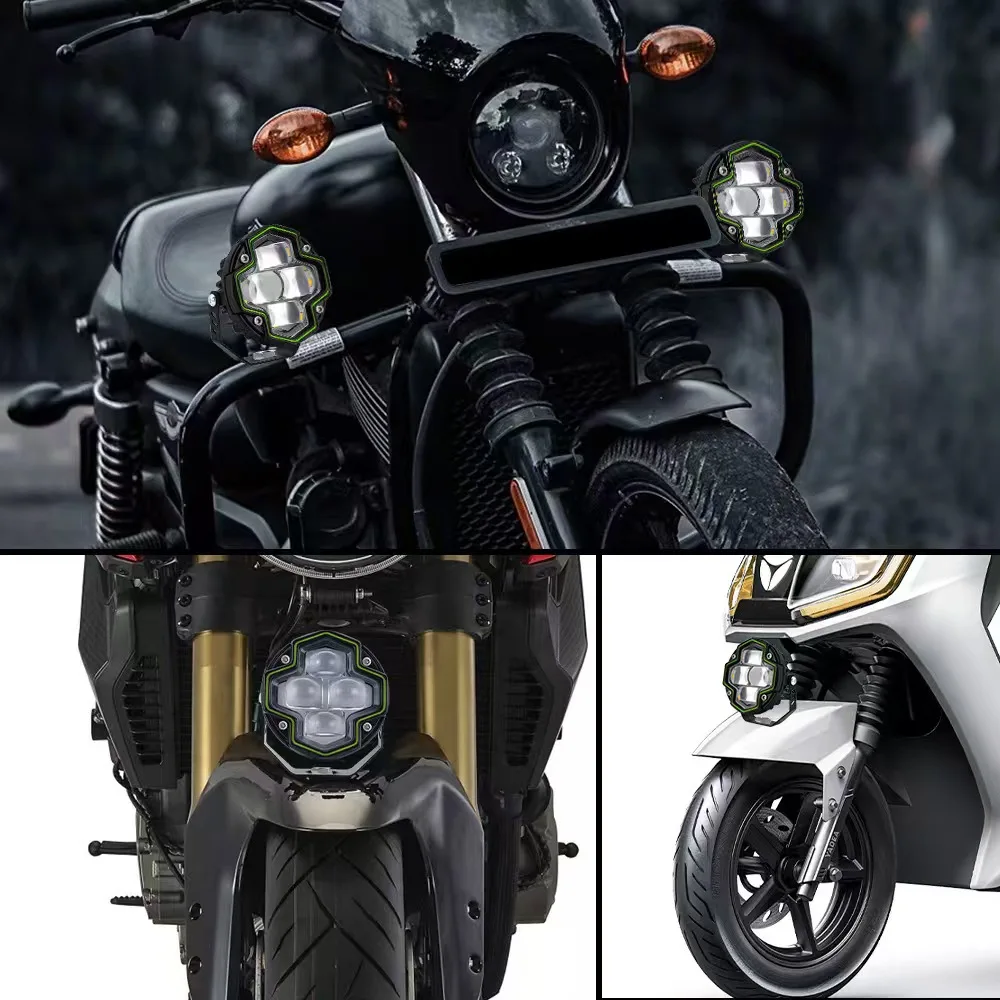 Motorcycle LED 4 Lens Round Shaped Spotlight With Switch Dual Color Flash Light High Low Beam Auxiliary Headlight Driving Lamp