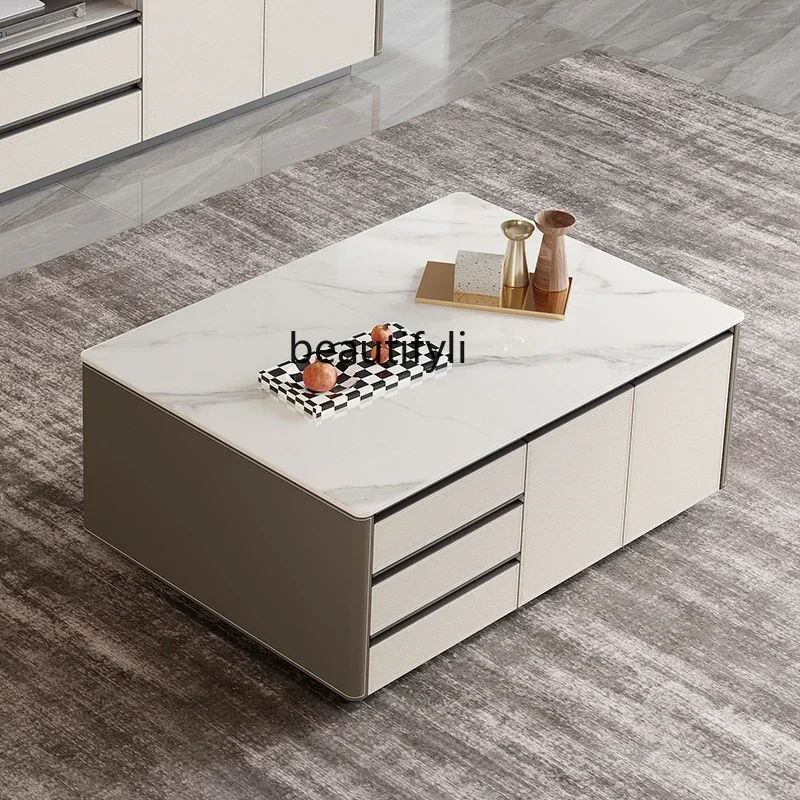 

Saddle leather high style living room storage coffee table TV cabinet combination solid wood rectangular tea table