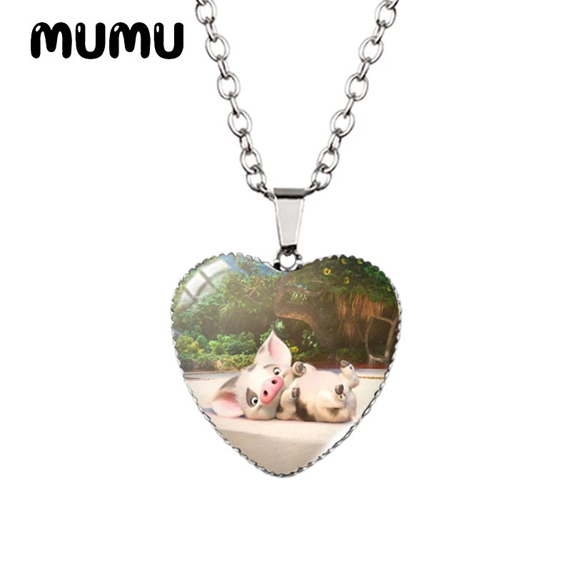 2024 New Princess Moana Heart Necklace Heihei Pua Glass Printed Photo Pendant Handmade Jewelry Gifts Children