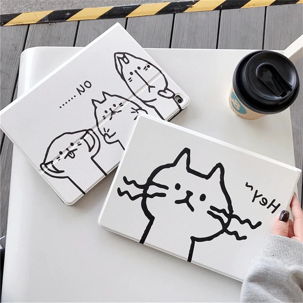 Simple Cat Sketch White ipad case For Air 4 5 iPad Pro 2020 Cover for iPad 10.2 9 8 7th 12.9 Pro Mini 4 5 6 Case with Pen holder