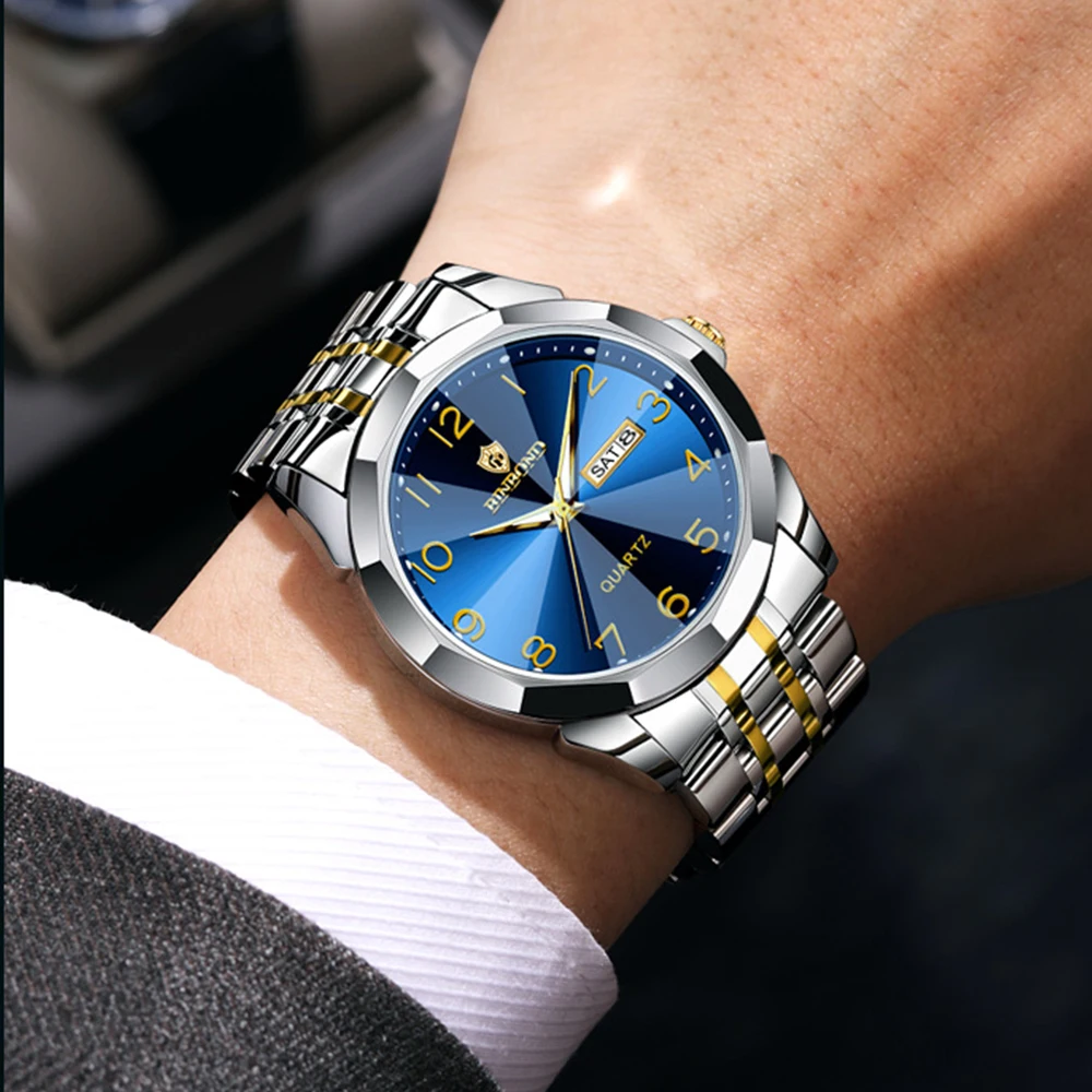 BINBOND ساعات رجالية فاخرة موضة أصلية كوارتز ساعة يد كبيرة أرقام عربية الهاتفي حزام الفولاذ المقاوم للصدأ مقاوم للماء Reloj