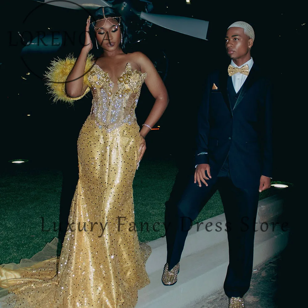 مثير كريستال فساتين لحضور الحفلات الموسيقية 2025 الترتر ريشة حورية البحر مساء رداء حفلات مأدبة مخصصة بلا أكمام vestidos largos fiesta