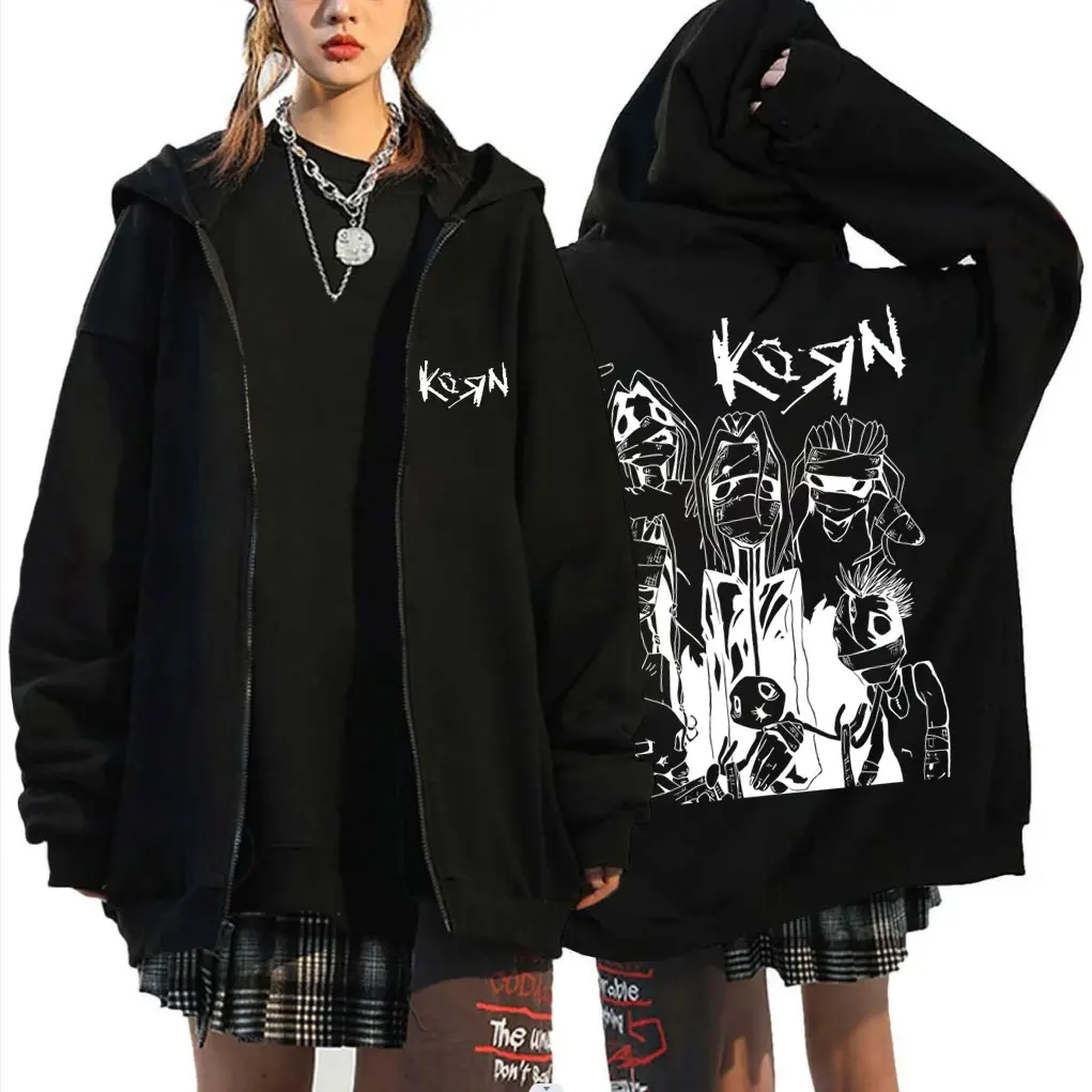 Korn Band Zipper Hoodie Men Women's Gothic Vintage Rock Zip Up Hoodies Male Oversized Rare Metal Music Zipper Jacket Sweatshirt