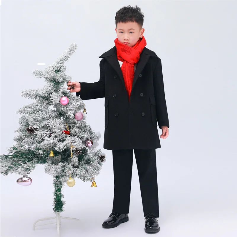 

Boys Woolen Coat Overcoat Jacket Windbreak 2024 Brown Warm Plus Thicken Autumn Winter Cotton School Children's Clothing