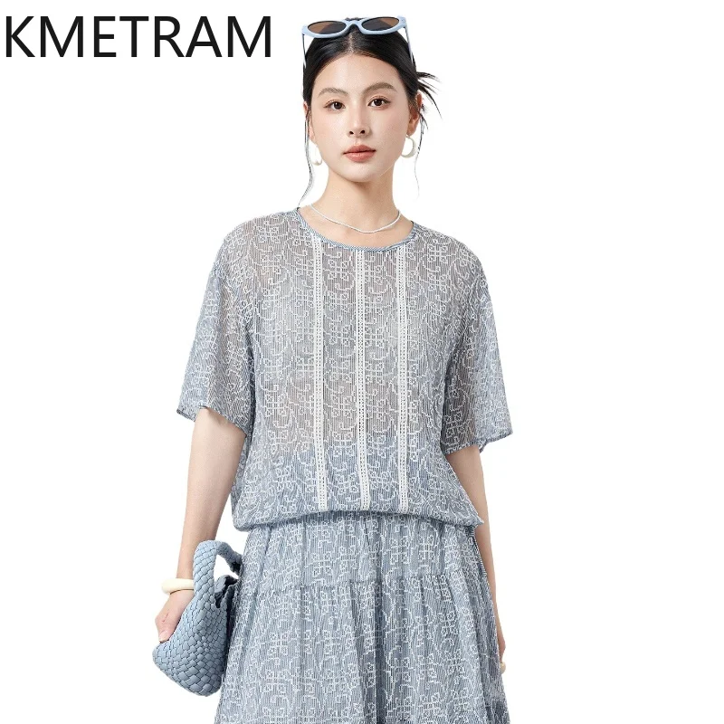 KMETRAM 100% Real Mulberry Silk Women T Shirts Blue Embroidery T Shirt O-Neck Loose Summer Tops for Woman Clothing 2026 футболка