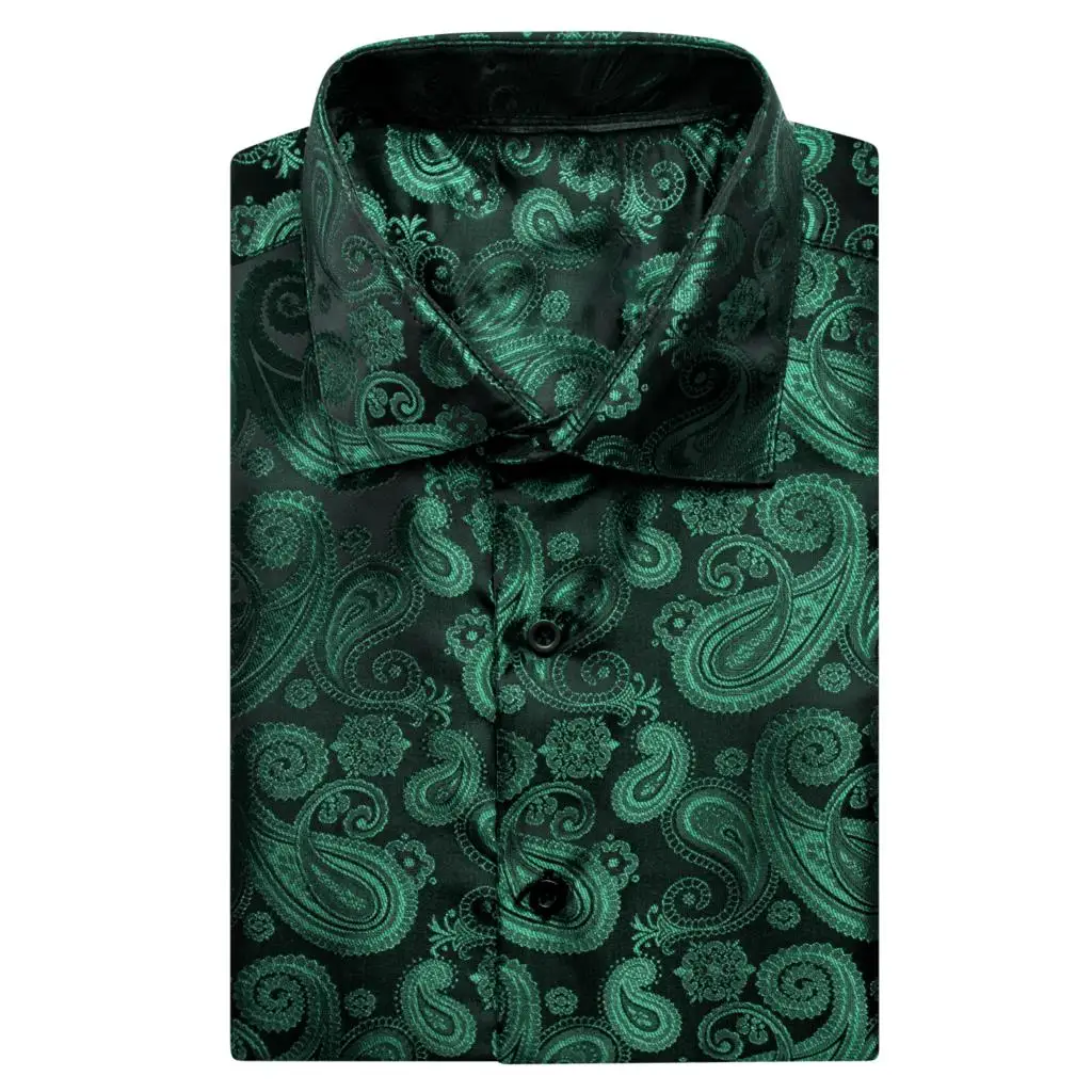 Hi-Tie Black Green Silk Short Sleeves Mens Shirts Spring Summer Hawaii Jacquard Paisley Shirt Blouse Male Wedding Office XXXL