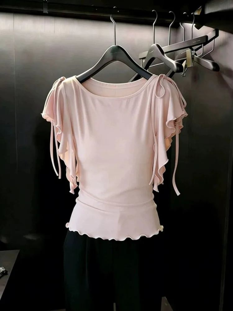 Kimutomo Women T Shirts Ruffles Patchwork Slim Short Sleeve Summer Fashion Vintage Ruffles Bandage Y2k Harajuku Tops Female