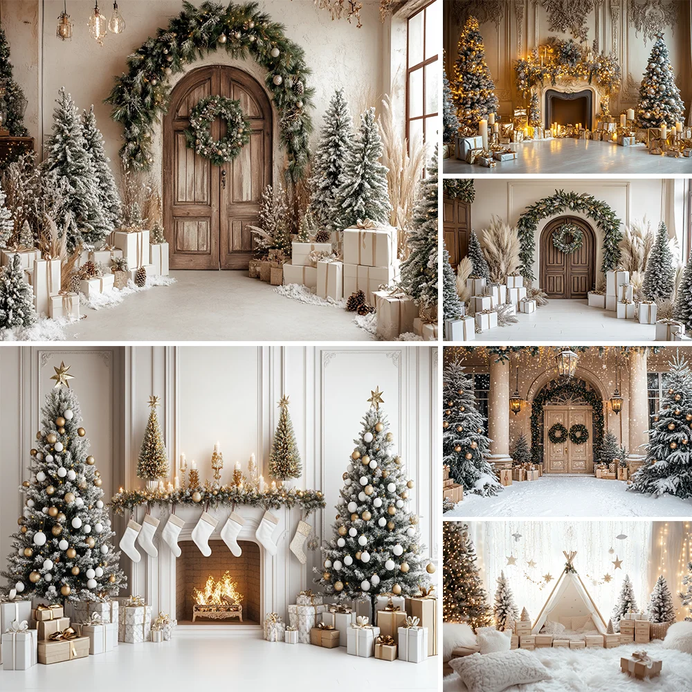 

Photography Background Winter Christmas White Wood Door Gift Xmas Tree Kids Family Portrait Decor Backdrop Photo Studio