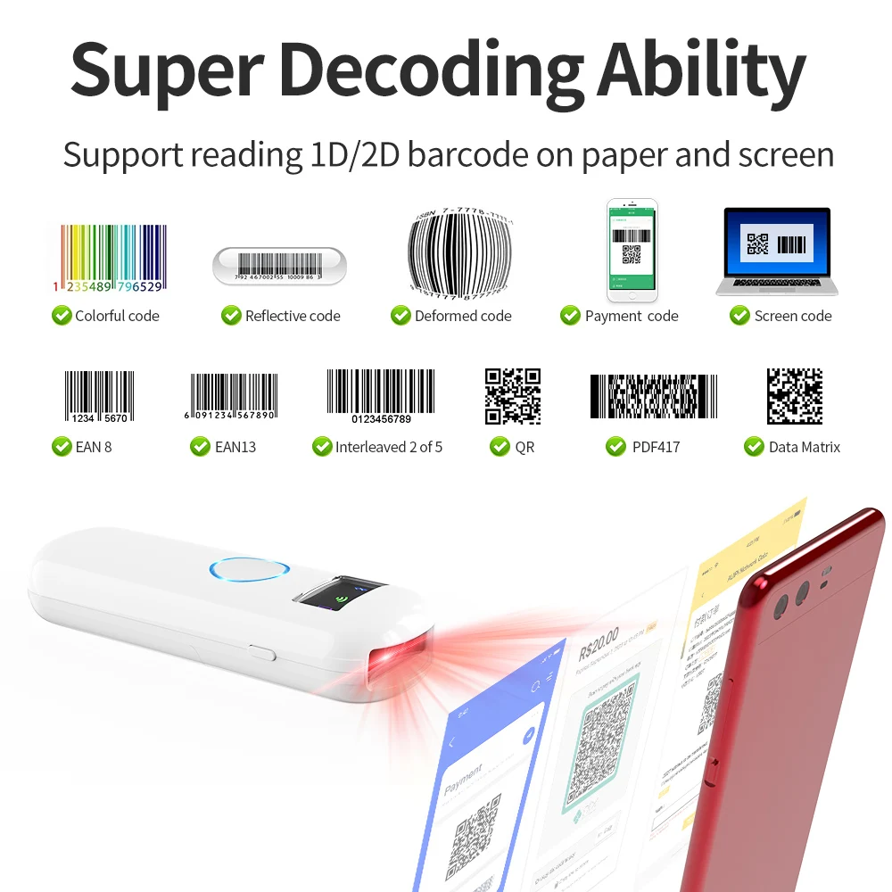 GTCODESTAR 1D 2D Mini Barcode Scanner Portable Wireless Barcode Reader QR Code Scanner Bluetooth Scanning Gun for Supermarket