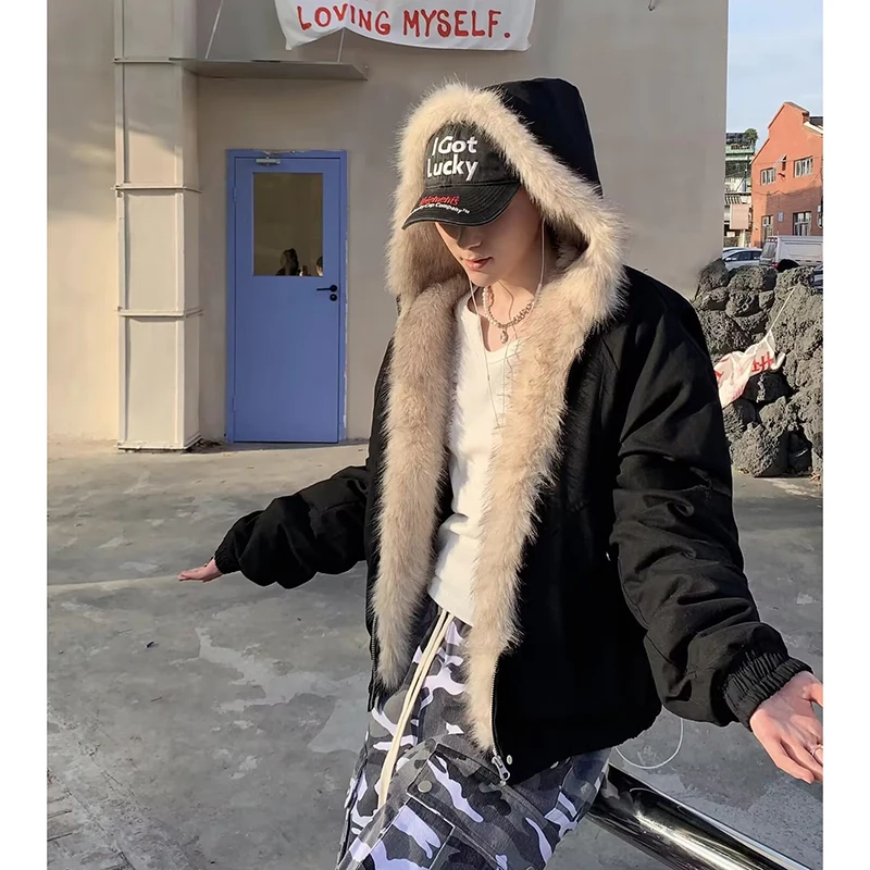 

Мужская утепленная зимняя куртка из хлопка с бархатным начесом и меховым воротником, повседневная, на молнии, однотонная, молодежная, модная