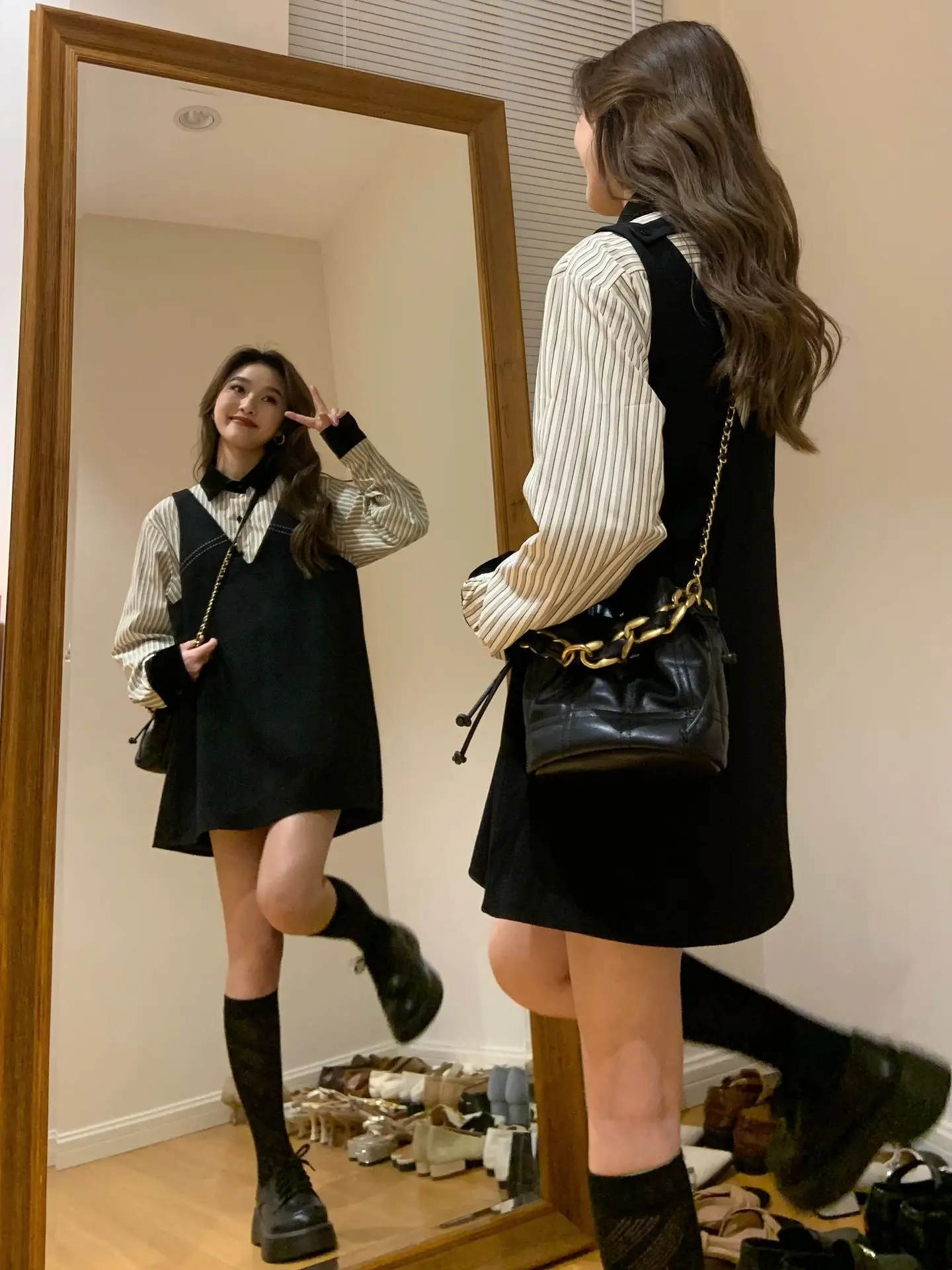 

Korean Drama Inspired Small Fragrance Style Set Women's Spring Autumn Ageless Sleeveless Vest Dress Striped Shirt Two Piece Set