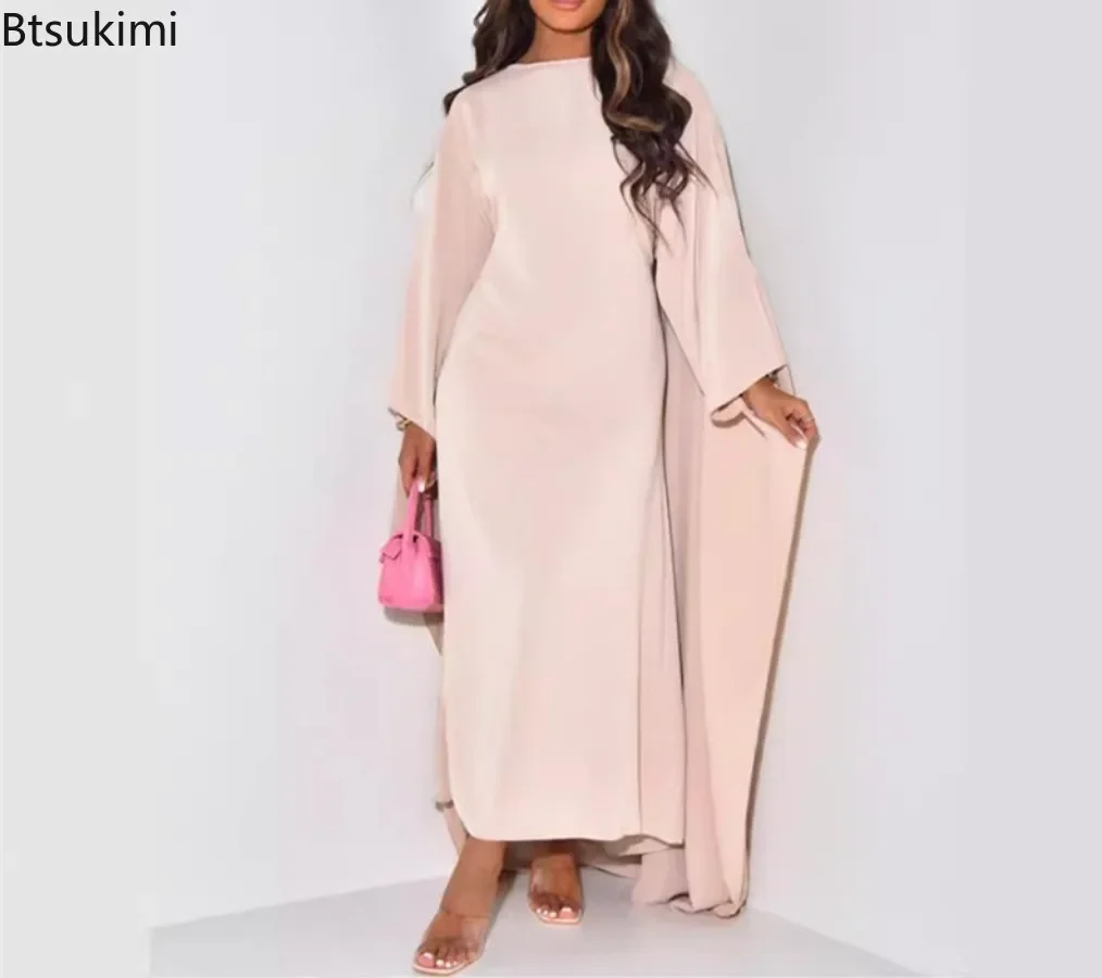 Herbst Mode Satin Party Kleid Robe Abaya Muslimischen Kleid Frauen Elegante Temperament Solide Rundhals Fledermaus Ärmeln Lose Maxi Kleid