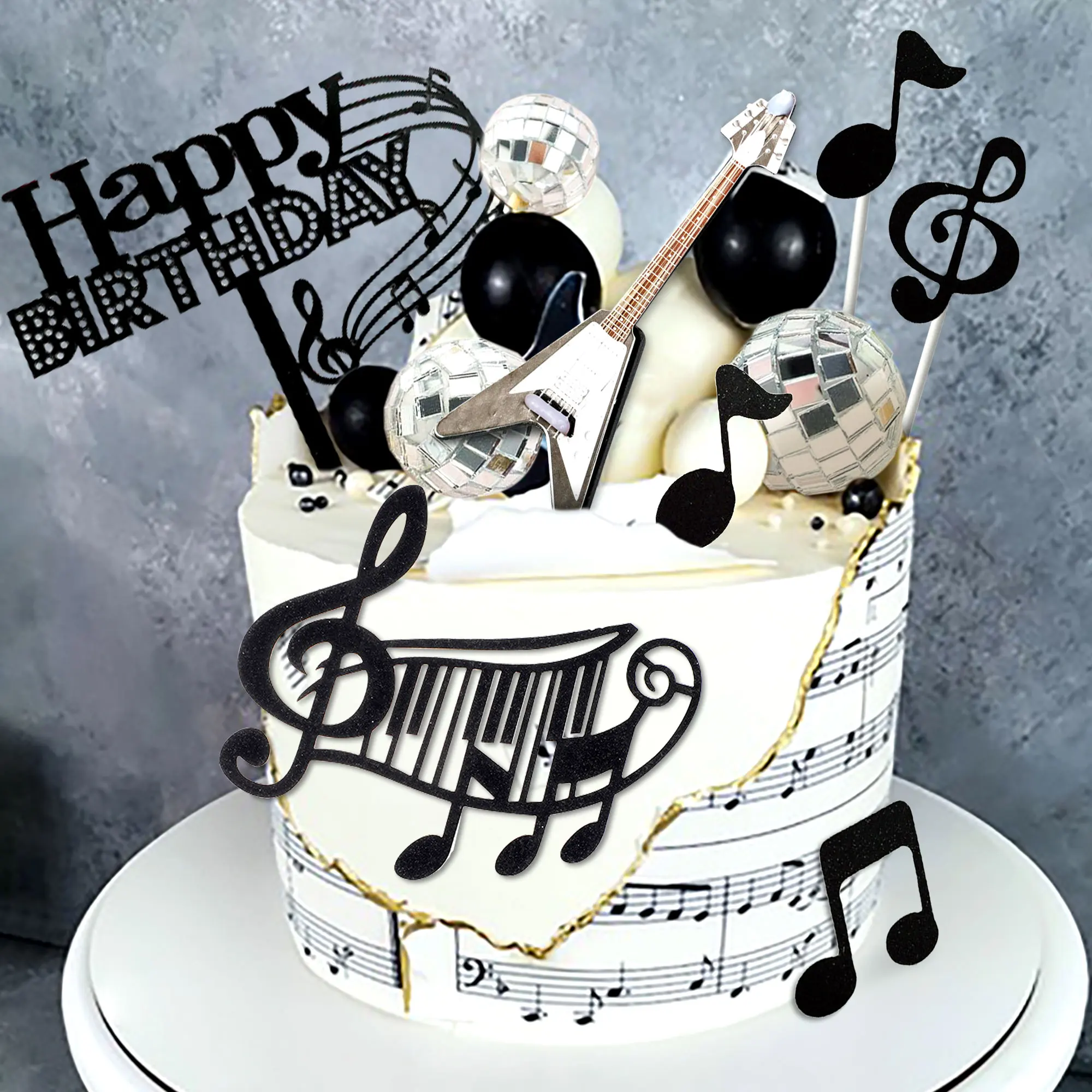 LaVenty Disco Ball Musik Kuchen Topper Gitarre Kuchen Topper Musik Notizen Bälle Kuchen Dekorationen für Musiker Geburtstag Party – Detail 2