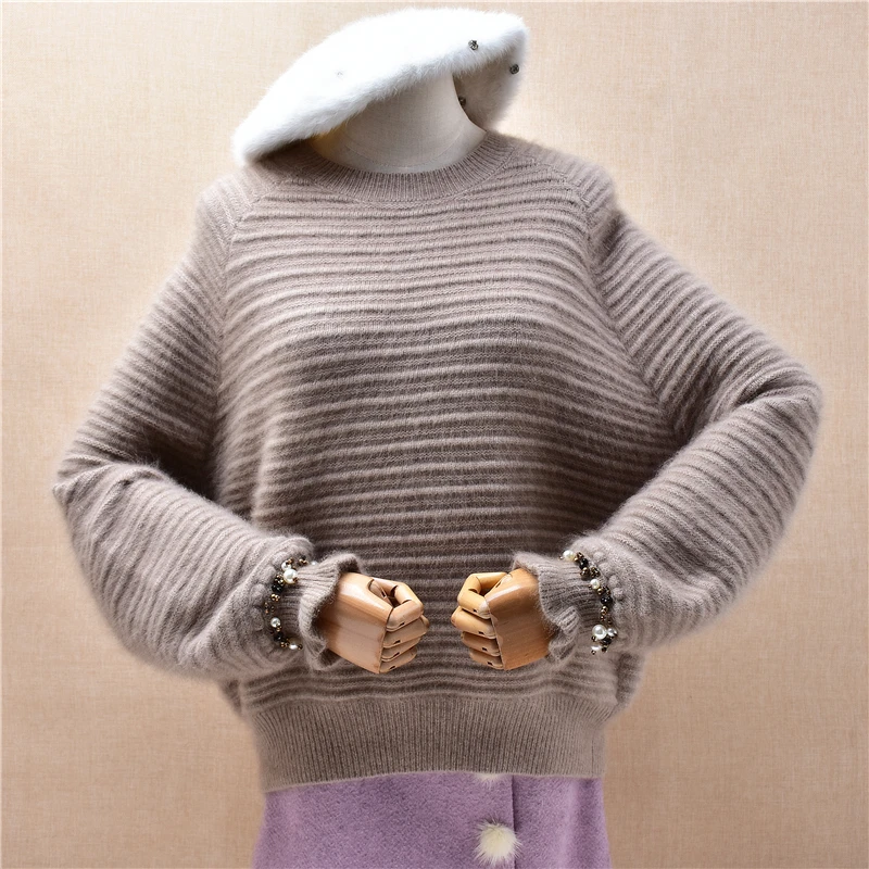 

Elegant Fashion Ladies Women Autumn Winter Pullover Soft Beading Hairy Mink Cashmere Knitted O-Neck Long Sleeves Loose Sweater