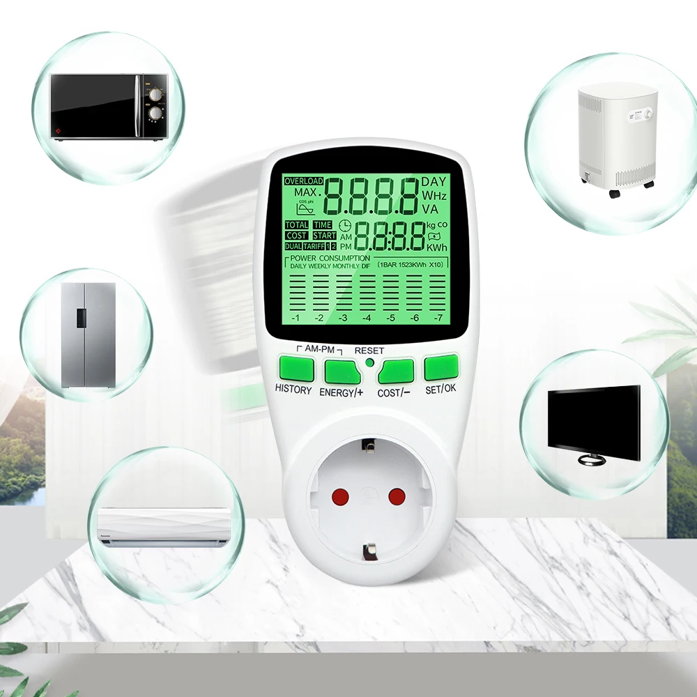 Medidor de energía Digital con retroiluminación, vatímetro, medidor de potencia de electricidad Kwh, LCD, Analizador de potencia de salida, UE, EE. UU., Reino Unido, AU