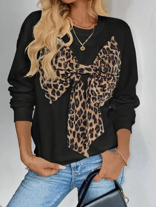 

Autumn Winter Women's Hoodie Retro Leopard Print Long Sleeved Hoodie Top Fashionable Casual Bow Decoration Hoodie for Women