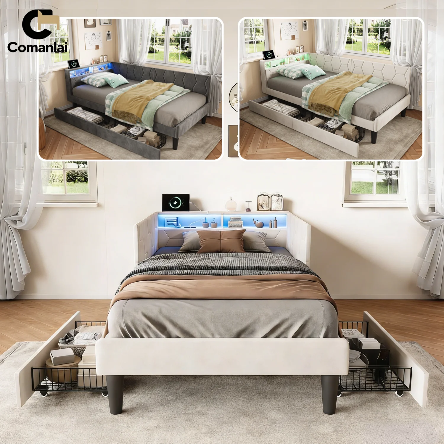 Comanlai Kinderbett mit 2 Schubladen & LED-Beleuchtung, gepolstertes Sofabett, Einzelbett/Doppelbett mit Rausfallschutz & Ladeanschluss