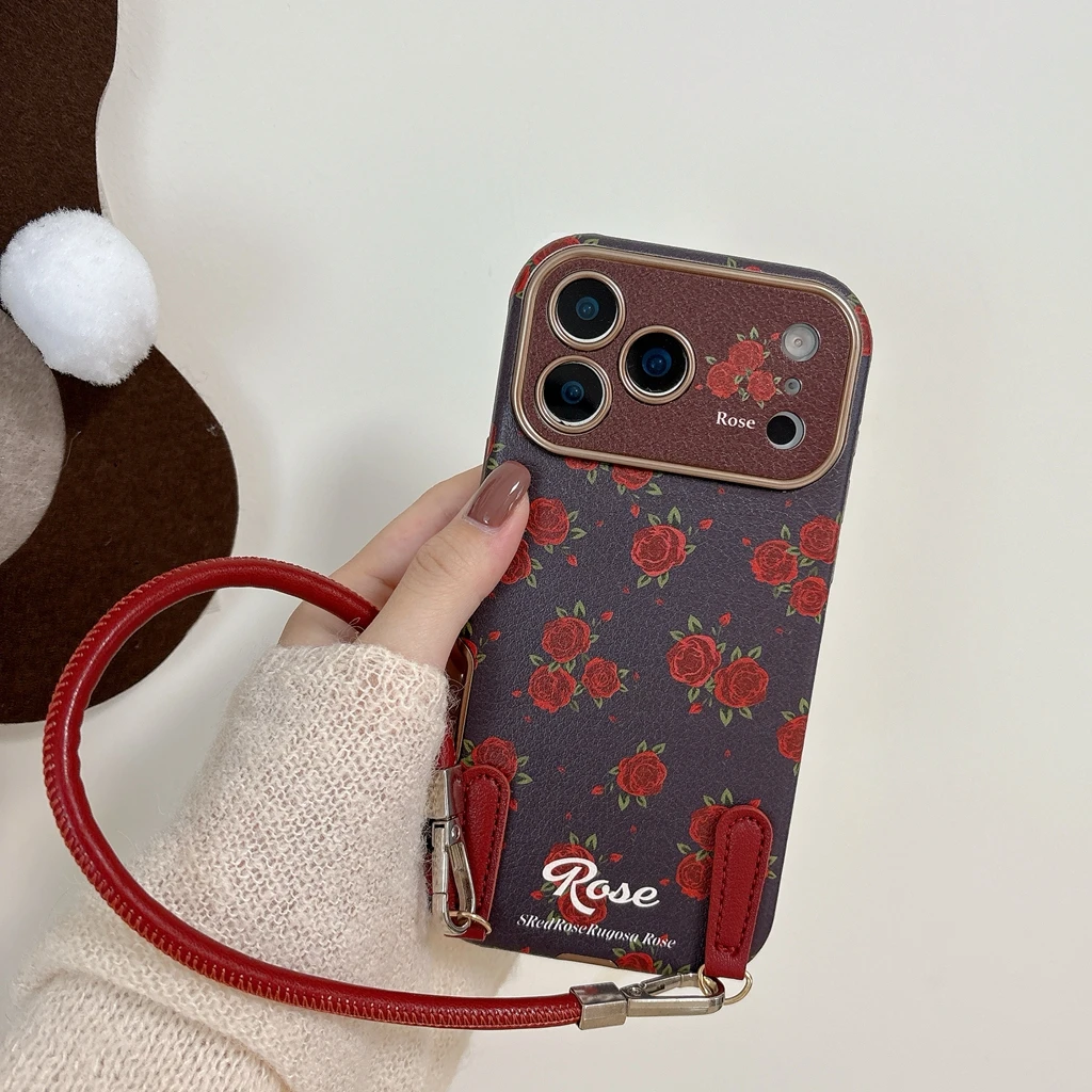 Retro Oil Painting Red Rose Artificial Leather With Lanyard Shock Proof Phone Cover Case for iPhone 17 16 15 14 Pro Max view 4