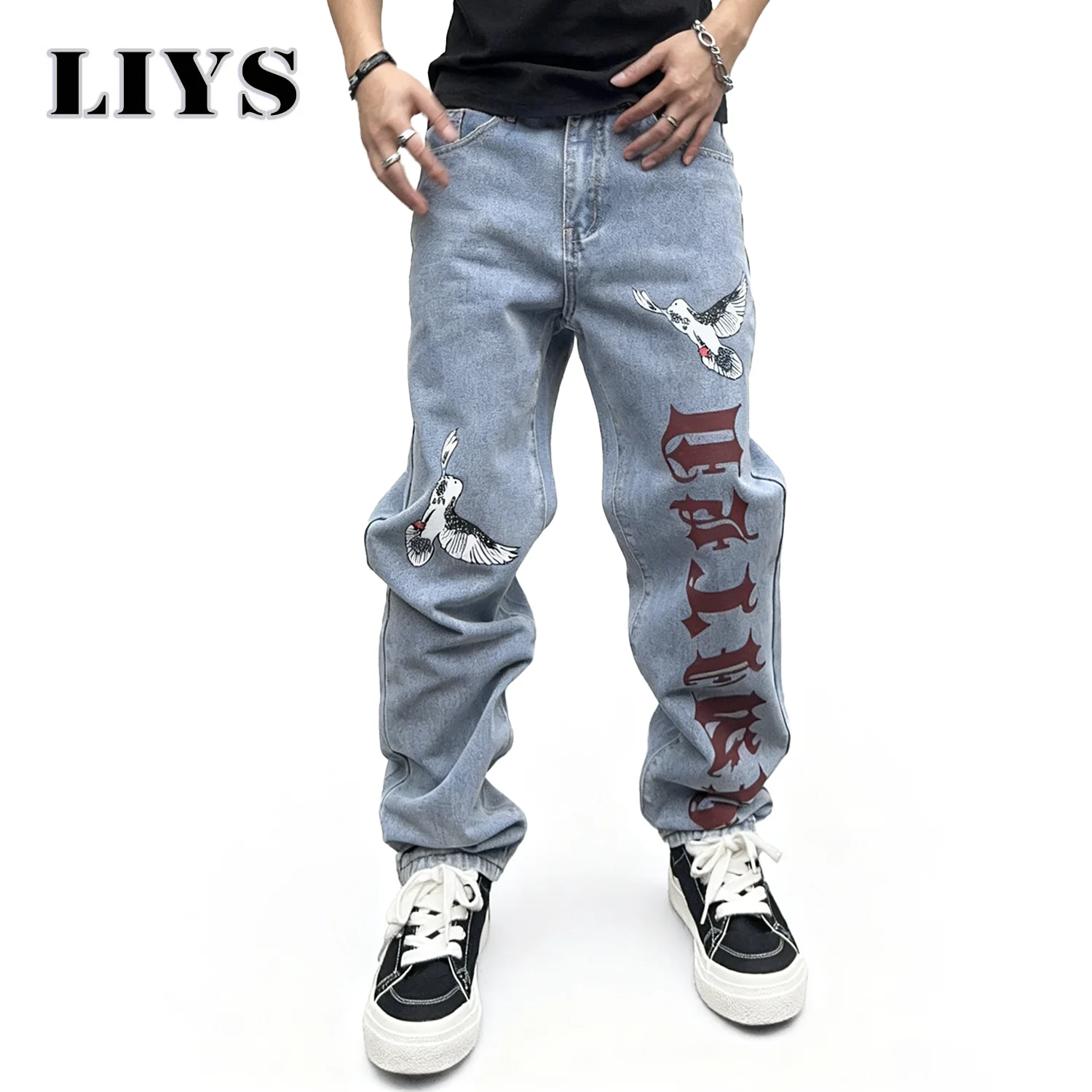 

Мужские потертые повседневные прямые джинсы в стиле ретро, уличный готический стиль, осенние джинсовые брюки с принтом шрифта, повседневная мужская одежда