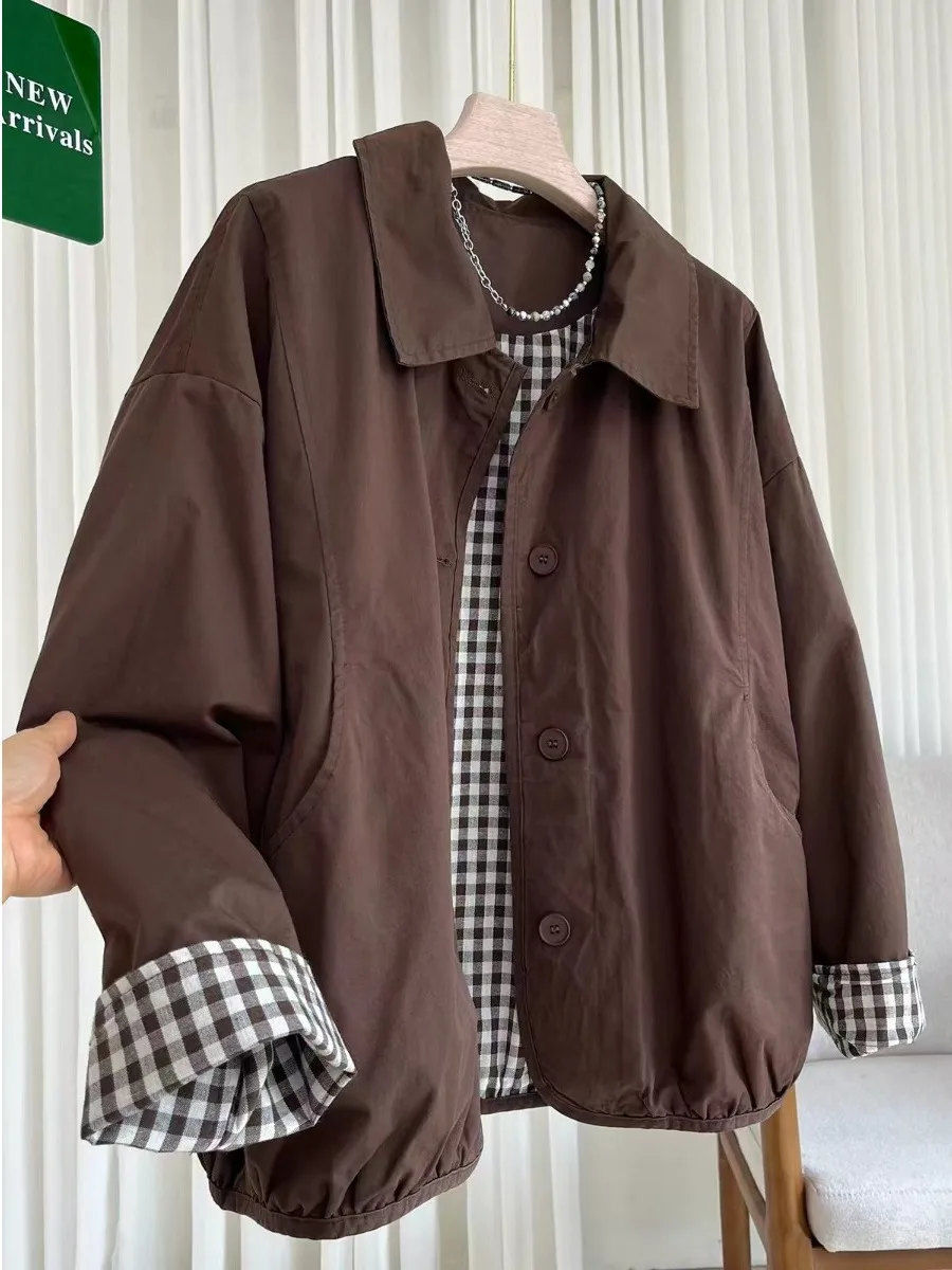 2026 New Plaid Cuff Jacket plus Size Women Loose Casual  Color Workwear Collar Long Sleeve Versatile Open Cardigan