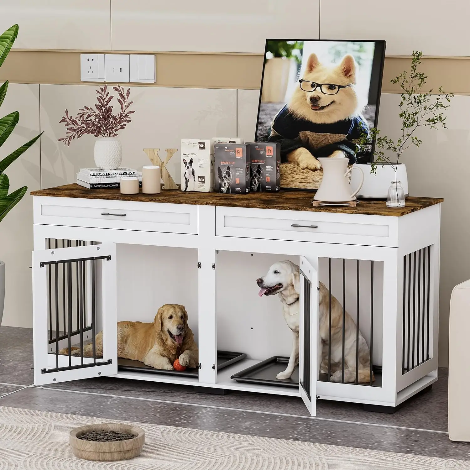 PAKASEPT Large Dog Crate Furniture, Wooden Dog Kennel with Room Divider and 2 Tray, Double Doors with Locks, Heavy Duty