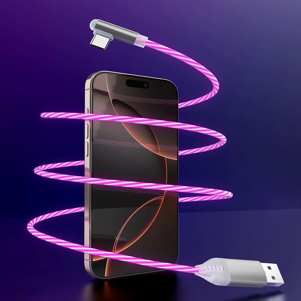 Pink LED USB to Type-C Phone Cable 66W Quick Fast Charging Cord for iPhone 16/15 Samsung S24/S23 Fold 6 Huawei P70/P60 Xiaomi